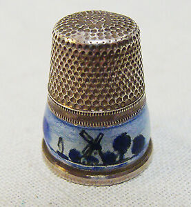 Antique Germany Sterling Silver Thimble Guilloche Enamel Holland Scene Sz 5