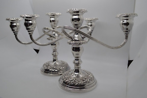 Pair Of Kirk Repousse Sterling Silver 3 Position Candelabras W Removable Arms
