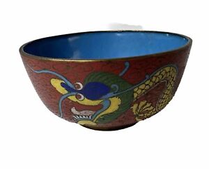 Antique Chinese Cloisonne 5 Claw Yellow Dragon Bowl 4 5 