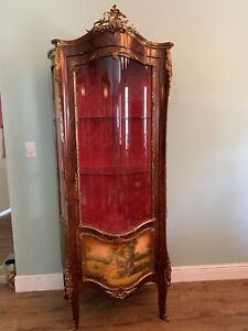 1920 To 1950s French Louis Xvi Curio Cabinet Vitrine Hand Painted Scene