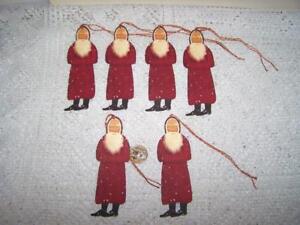 6 Christmas Primitive Santa Fussy Cut Linen Cardstock Gift Hang Tags Ornaments