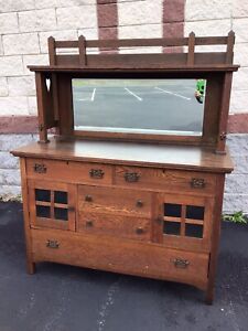 Antique Arts Crafts Mission Oak Sideboard Buffet With Mirrored Gallery