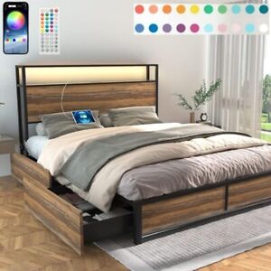 Full Queen Led Platform Wood Metal Bed Frame With 4 Drawers Power Outlet Usb