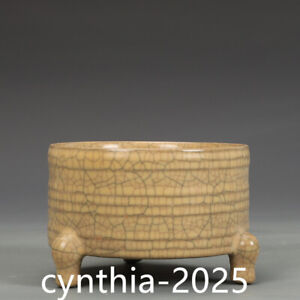 4 7 China Old Antique Porcelain Ge Kiln Yellow Glazed Three Legged Incense Stove