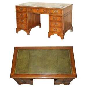 Vintage Burr Walnut Twin Pedestal Partner Desk With Regency Green Leather Top