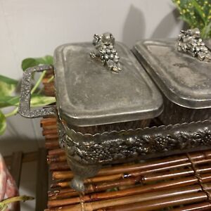 Silver Plated Serving Dish With 3 Glass Inserts And Lids Fruit Motif 