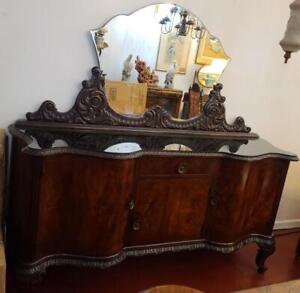 Incredible French Victorian Solid Burled Walnut Sideboard Glass Top Gdc