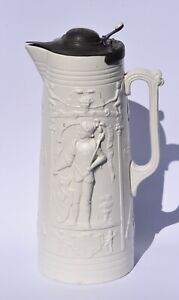 Rare Victorian Parian Ware Jug With Pewter Lid King Arthur Hector Of Troy