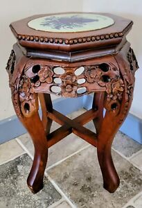 Antique Victorian Floral Wood And Porcelain Plant Stand