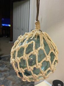 Vintage Japanese Large Glass Fishing Float And Net Green 12 Inches