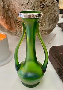 Art Nouveau Sterling Silver Mounted Iridescent Green Glass Handled Bud Vase 1905