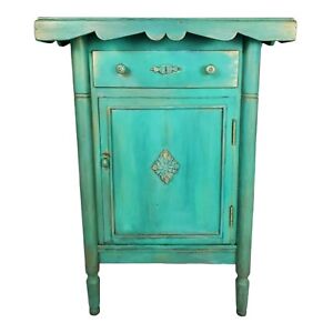 Vintage Cabinet With Drawer Storage Boho French Custom Painted Glass Top