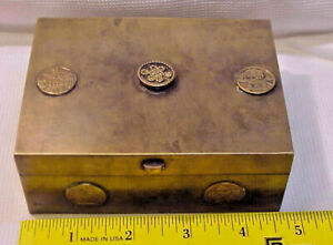 Antique Chinese Bronze Metal Medallion Wood Lined Dresser Box