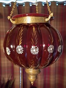 Antique Indian Belgium Colonial Glass Hundi Lantern Ceiling Light Lamp Shade