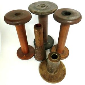 Antique Factory Bobbins Spools Set Of Five Wood Metal English