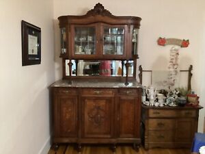 Antique French Marble Top Server Buffet With Mirror Back Display Cabinet