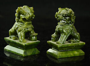 Rare A Pair 100 China Natural Jade Hand Carved Statues Fo Dog Lion