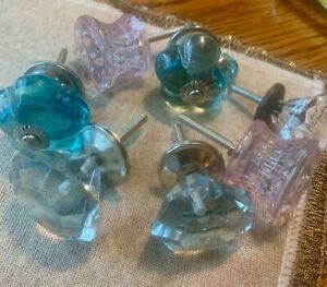 Vintage Lot Of 7 Assorted Colored Glass Knobs Drawer Pulls Pink Blue Clear