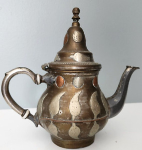 Arabic Brass Copper Tin Teapot Inlaid Floral Design Vintage