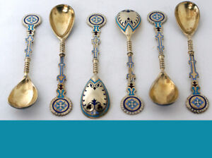 6 Russian 88 Silver Multy Colored Enamels Ice Cream Spoons By I Khlebnikov 1888y