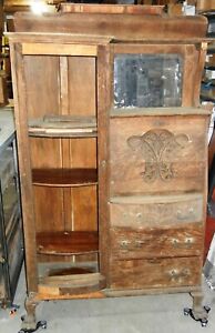 Victorian Antique Carved Oak Curved Glass Secretary Desk Bookcase As Is
