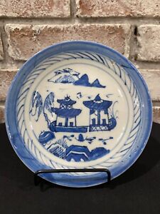 Antique Chinese Qing Dynasty Canton Blue White Porcelain 5 5 Plate W Stand