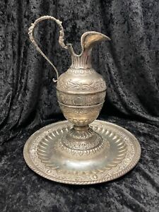 Antique Sterling Silver Water Pitcher Jug Stand Repousse Hand Chaised 1077g