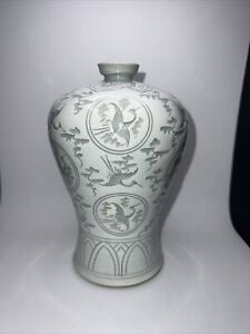 Korean Celadon Vase Glaze Cranes Inlay New Goryeo Dynasty