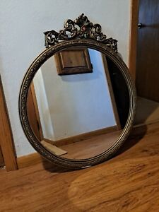 Vintage Wood Carved Gold Gesso Framed Mirror Round Rococo Style 31 X 26 