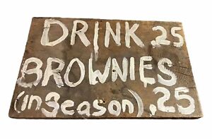 Vintage Folk Art Naive Painted Wooden Advertising Sign Drinks Brownies
