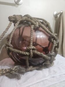 Large Glass Fishing Float Buoy Ball Roped Net Rare Color Amber Japanese 12 