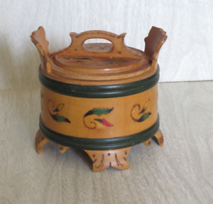 Vtg Antique Norwegian Rosemaled Tine Sewing Round Painted Wood Box Folk 5 Read