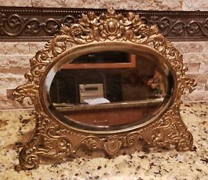 Art Nouveau Cast Iron Gilded Mirror 13 X 19 Approx Cherubs Lions Nice 