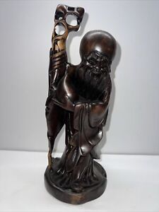 Vintage Chinese Wooden Hand Carved Statue Old Man Figurine