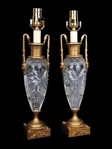 Pair Antique Gilt Bronze And Cut Glass Table Lamps