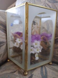 Vintage Brass Glass Mirror Display With Flowers