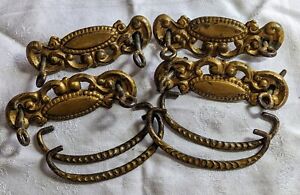 4 Antique Matching Pressed Brass Iron Drawer Pulls Bail 3 Centers