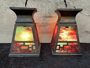 Antique Slag Glass Light Fixtures Copper Arts Crafts Era Pair 