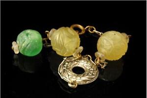 Old Chinese Carved Green Crystal Shou Beads Sterling Silver Bracelet Br