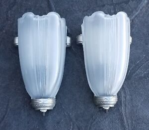  3 Antique Pair Art Deco Slip Shade Wall Sconce Streamline Movie Theater Frosted