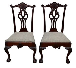 Antique Pair Of Carved Mahogany Claw Foot Chippendale Style Dining Side Chairs