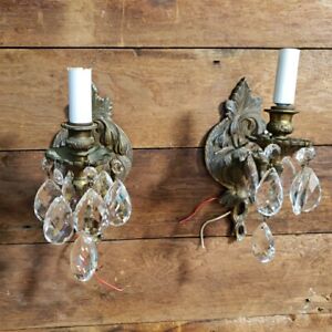 Pair Antique Brass Crystal Prism Wall Sconce Lamps Fixtures Lights