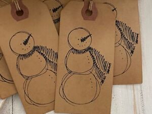 25 Medium Scribble Snowman Coffee Stained Handmade Primitive Hang Tags Christmas