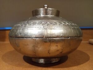 Persian Middle Eastern Handmade Wooden Bowl Covered In Hammered Silver