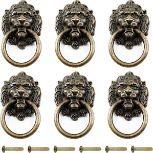 6 Pcs Lion Head Knobs Pull Antique Bronze Ring Pull Handles For Dresser Drawers