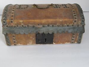 Antique Leather Covered Over Wood Small Document Trunk Box Iron Lock Plate