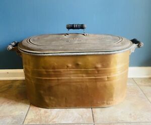 Vintage Antique Copper Boiler Wash Tub W Lid Handles Cooker Primitive Farmhouse