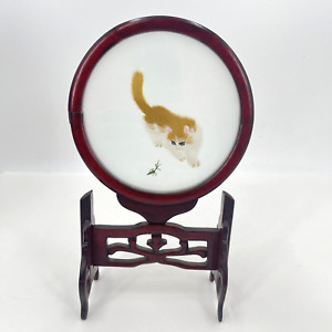 Silk Embroidery Kittens Pivoting Table Screen Wood Frame 11 