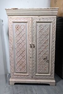 Vintage Shabby Chic Painted Floral Carved Wood Cabinet Morrocan Indian Shelf
