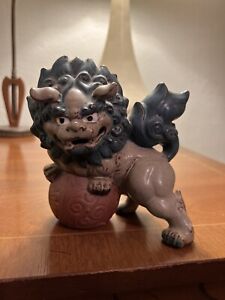 Rare Vintage Japanese Showa Kutani Foo Dog Standing Moon Lion Pottery